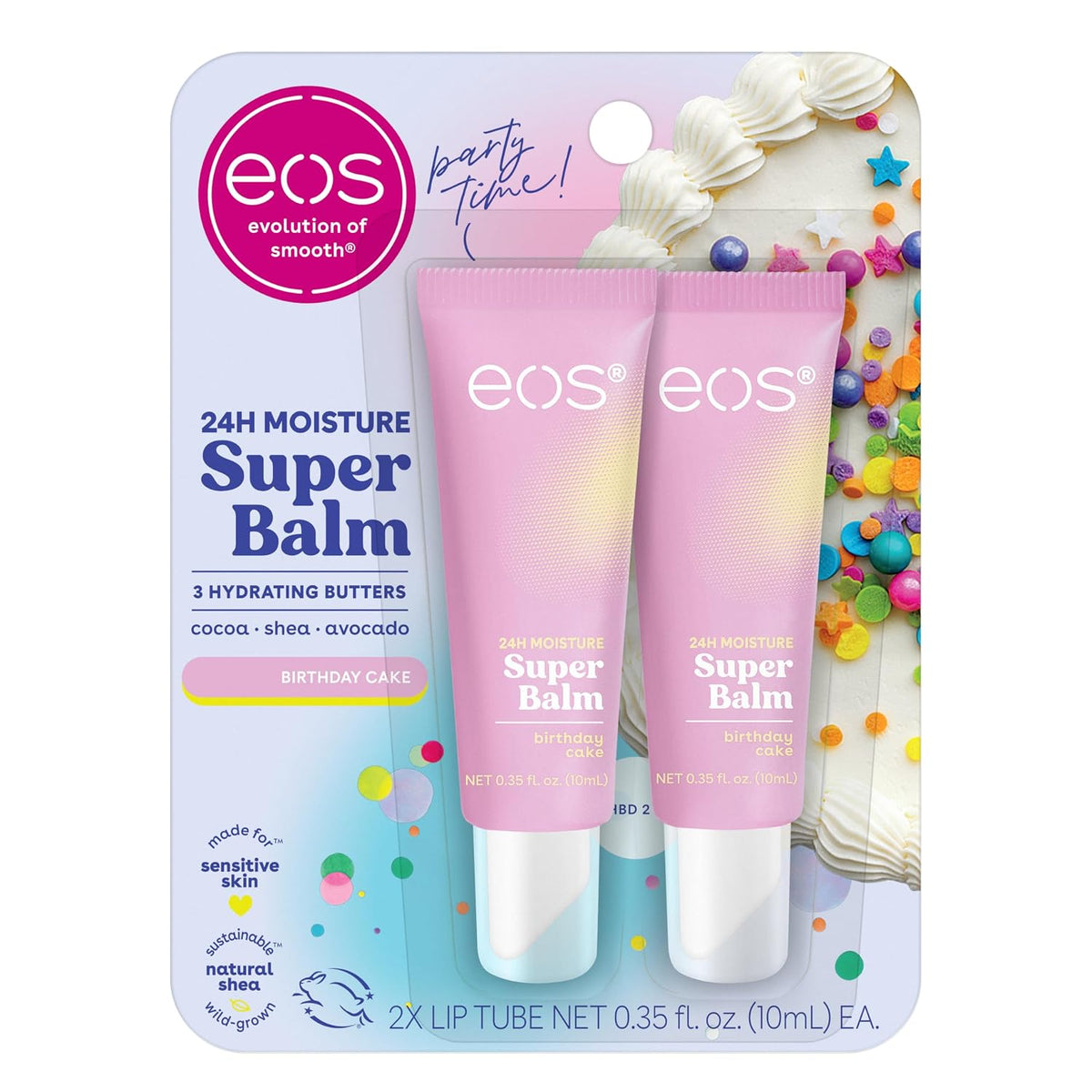EOS Cosmetics Super Balm tubes in assorted pastel and bright colors are lined up against a white gradient background 