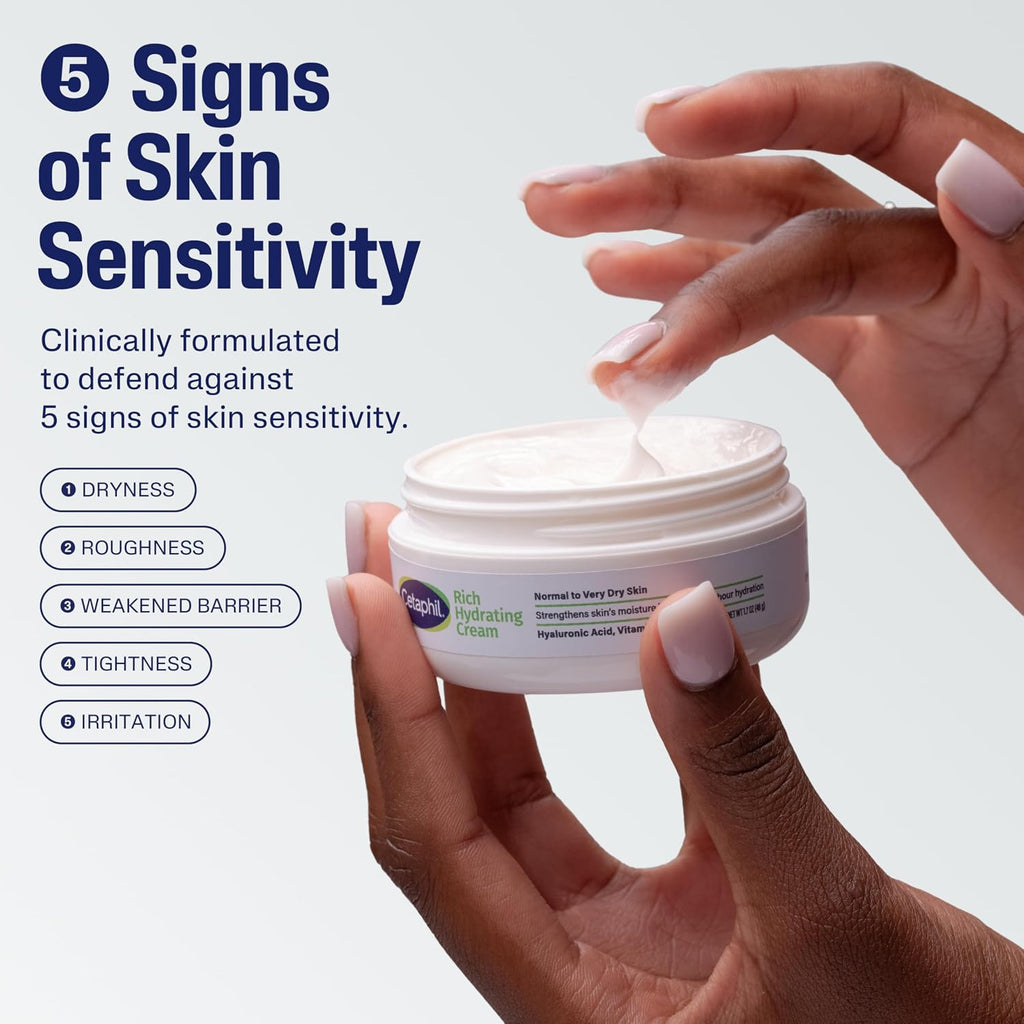 Jar of Vaseline Rich Hydrating Cream with text on skin sensitivity and product features.