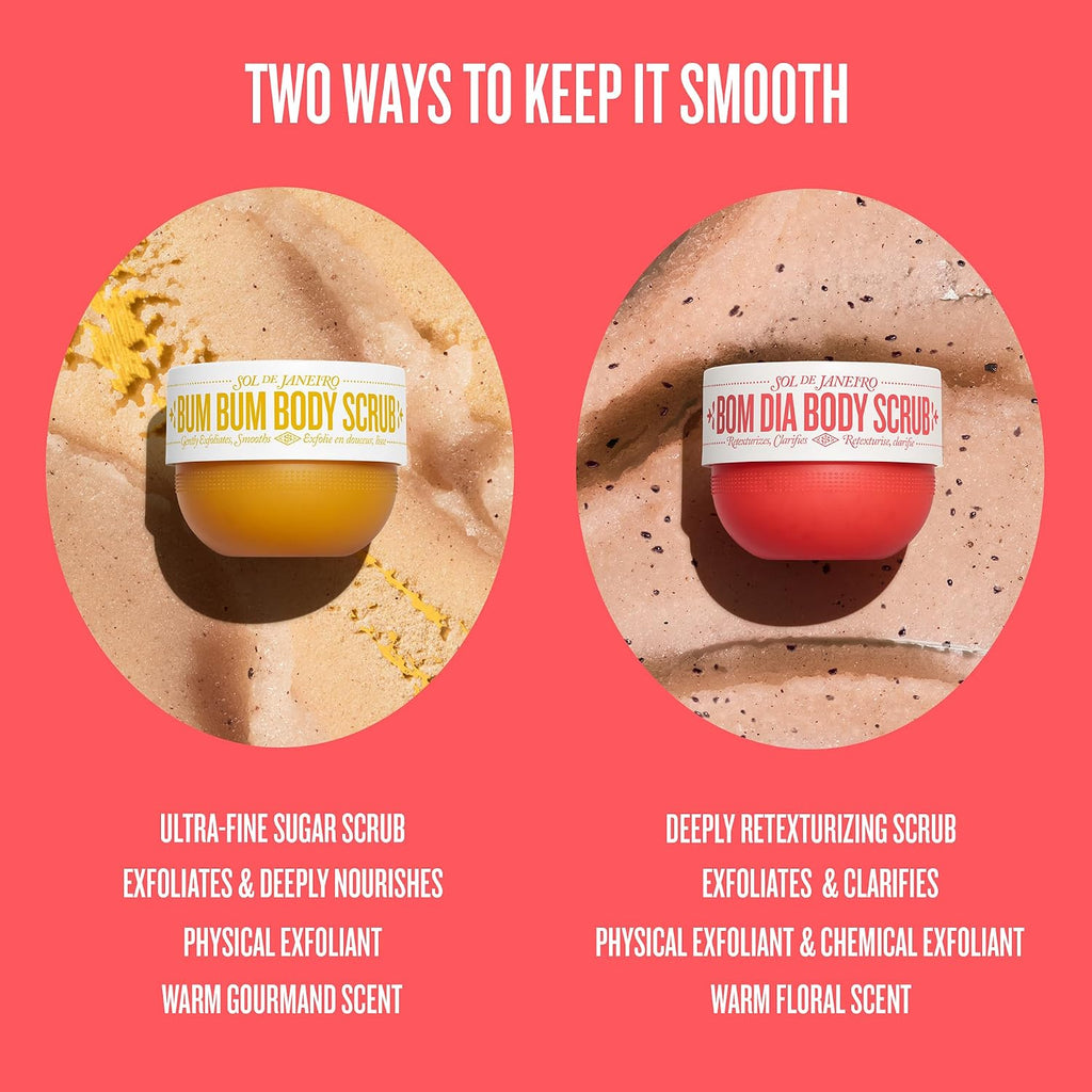 Two ways to keep skin smooth with body scrubs on a pink background