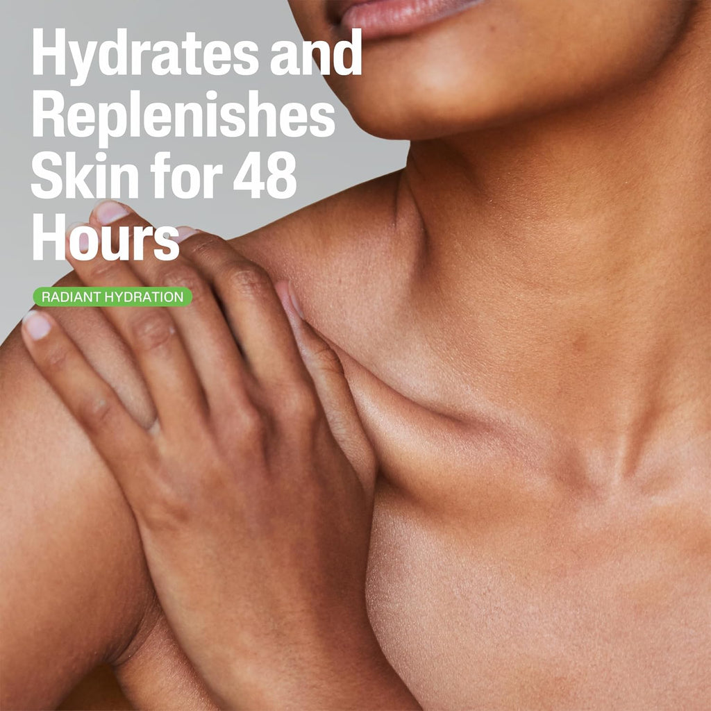 Close-up of a person's shoulder and arm with text about skin hydration.