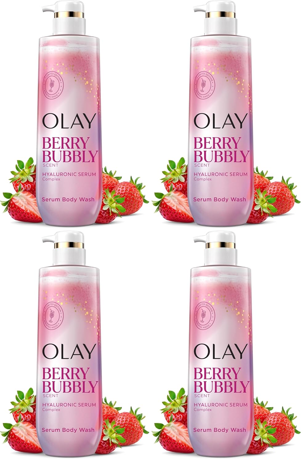 Four bottles of Olay Berry Bubbly Serum Body Wash arranged in a 2x2 grid, each bottle surrounded by fresh strawberries on a white background.
