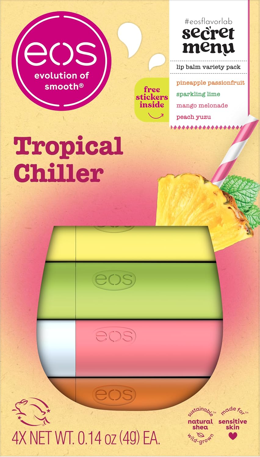 Front packaging of the EOS Secret Menu Tropical Chiller lip balm variety pack, showing four stacked lip balms in yellow, green, pink, and orange inside a clear glass-shaped window on a peach-to-pink gradient box with tropical fruit graphics.