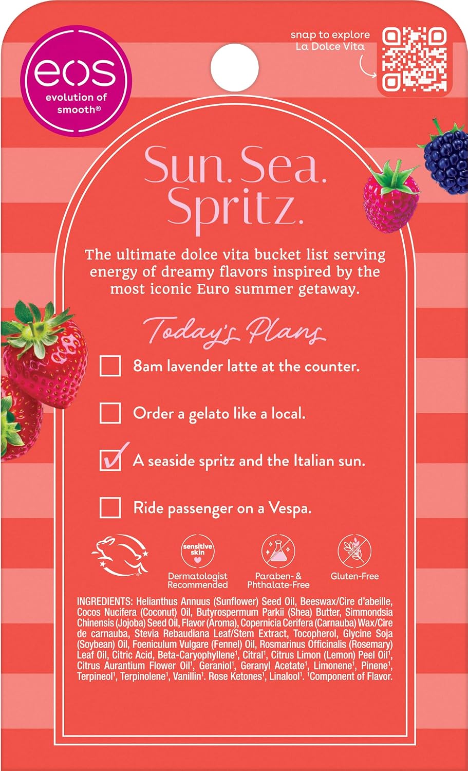 A red and pink card insert for EOS Sun. Sea.