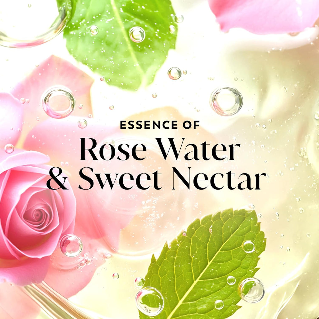Product packaging with pink roses, green leaves, and bubbles labeled 'Essence of Rose Water & Sweet Nectar'.