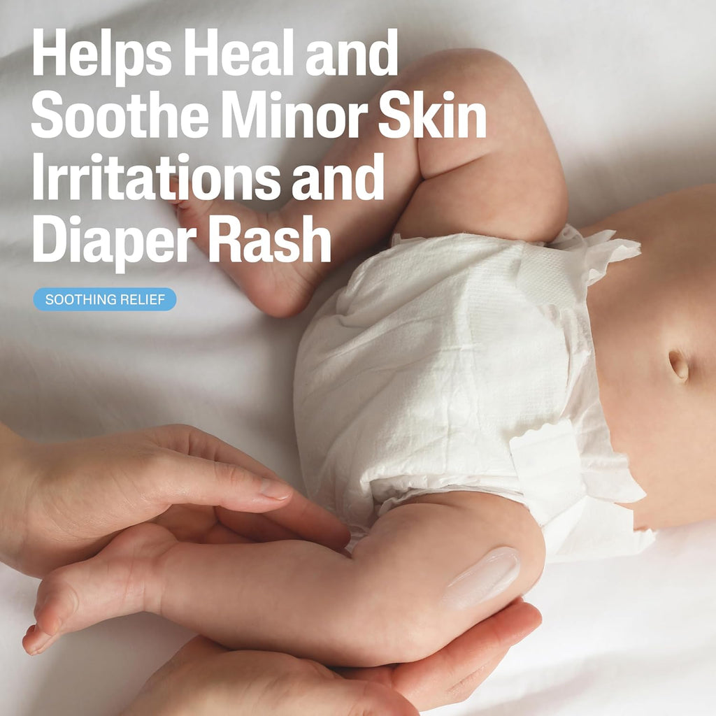 Baby in a diaper with a person's hands holding it, on a white background with text about skin care.
