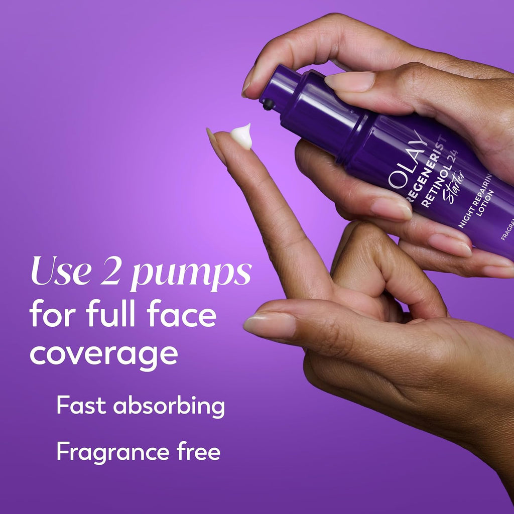 A hand holds an Olay Regenerist Skin Perfecting Night Serum bottle while dispensing white cream onto another finger, set against a purple background with promotional text.
