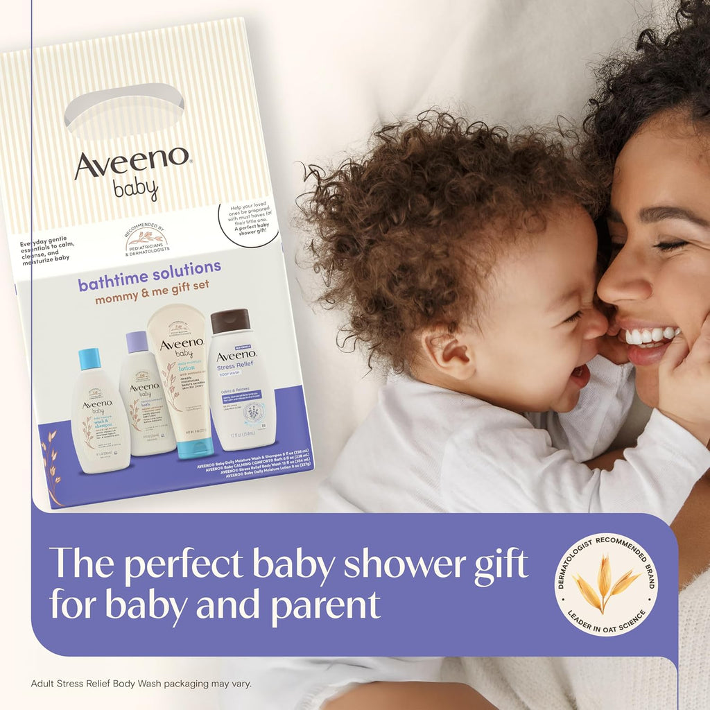 Aveeno baby product set with a mother and child on a white background