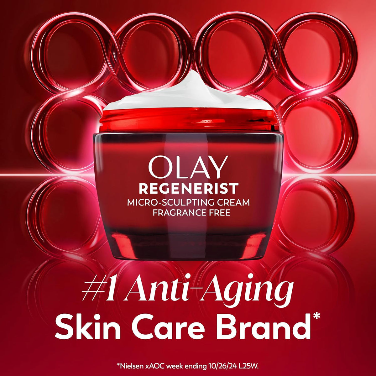 Olay Regenerist cream jar with red background and branding elements
