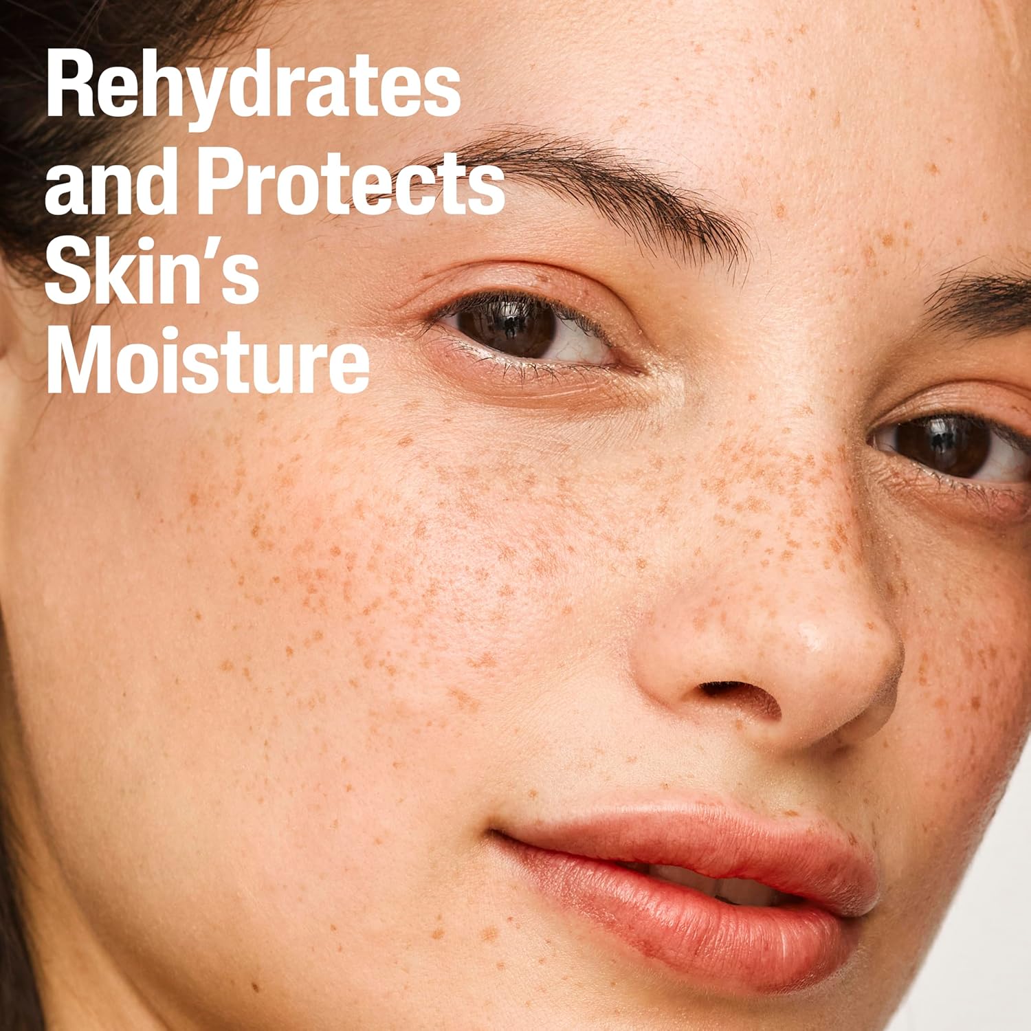 Close-up of a person's face with text 'Rehydrates and Protects Skin's Moisture' on a beige background