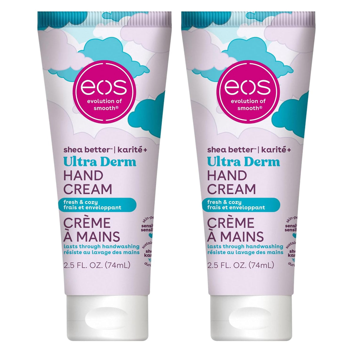 Two tubes of EOS Evolution of Smooth Ultra Derm Hand Cream side by side on a white background. The tubes are white with light blue clouds, teal accents, and a prominent pink circular logo.