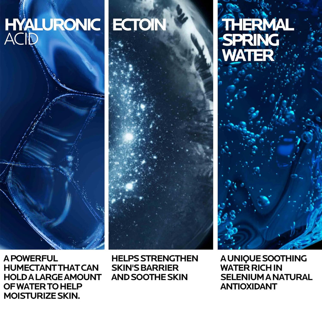 Three panels showcasing hyaluronic acid, ectoin, and thermal spring water with descriptive text below each.