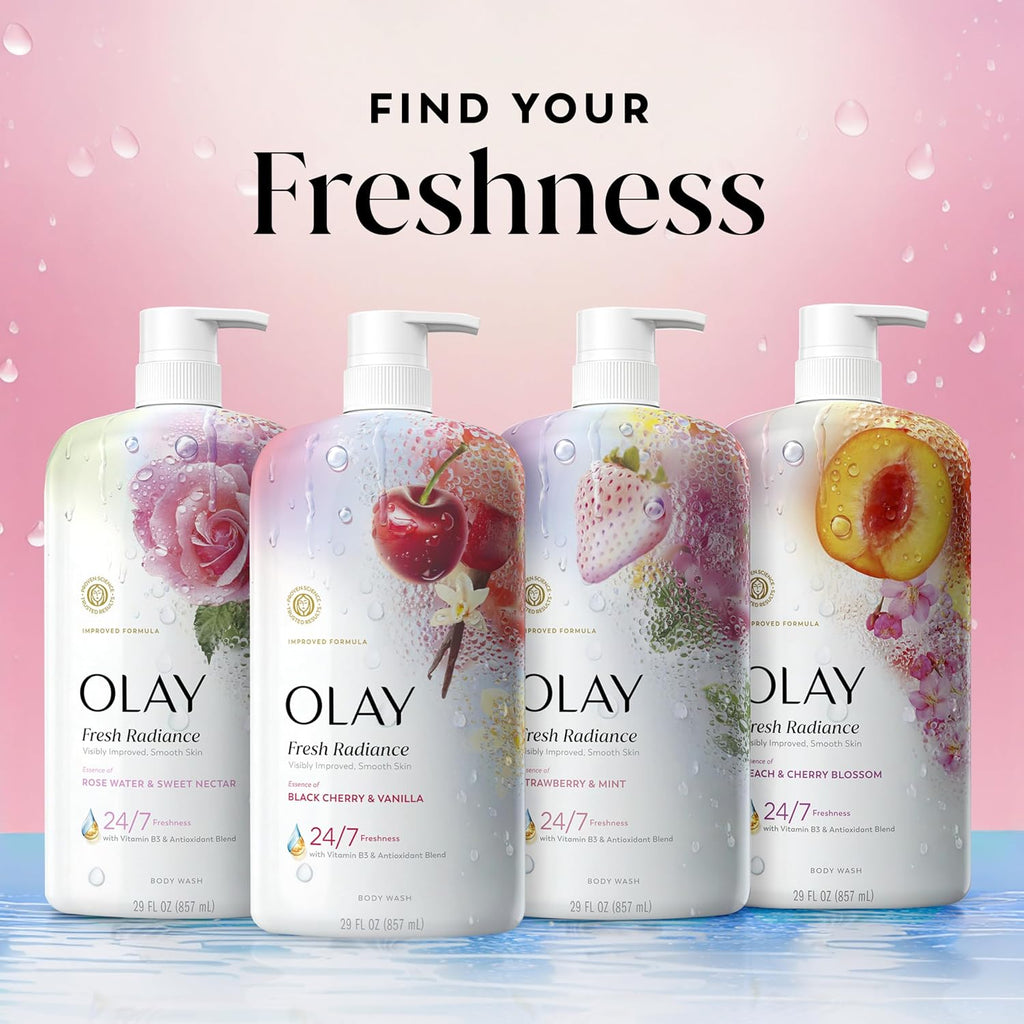 Four Olay Fresh Radiance bottles with fruit and floral designs on a pink background.