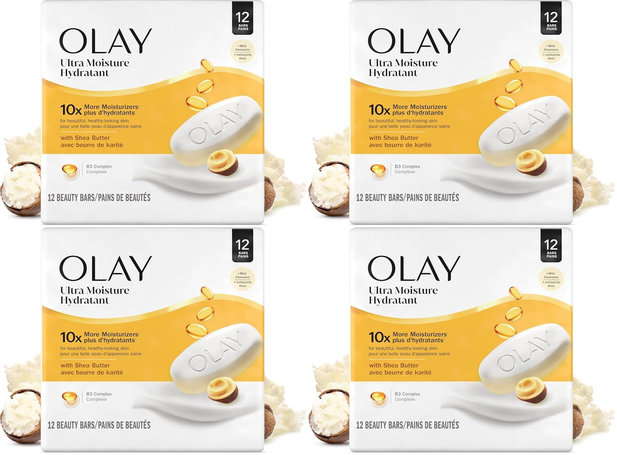Four identical Olay Ultra Moisture Hydratant 12 beauty bars boxes arranged in a 2x2 grid on a white background, with small images of the bars and cream bottle at the bottom corners of each box.