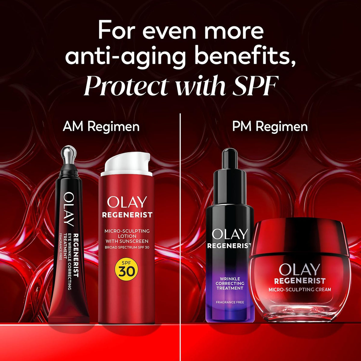 Olay Regenerist skincare AM and PM regimen set against a dark red background with glossy bubble patterns. The AM regimen includes an SPF 30 lotion bottle and a micro-scalping treatment dropper bottle.
