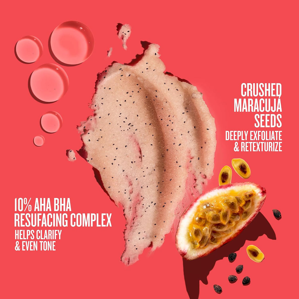 Product with crushed maracuja seeds on a pink background, featuring text about its benefits.