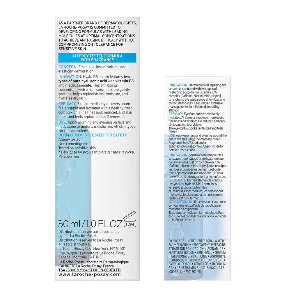 A tall, narrow product information card for La Roche-Posay Tolerance Lotion 30 ml, featuring French text on a white background with a light blue header and footer.