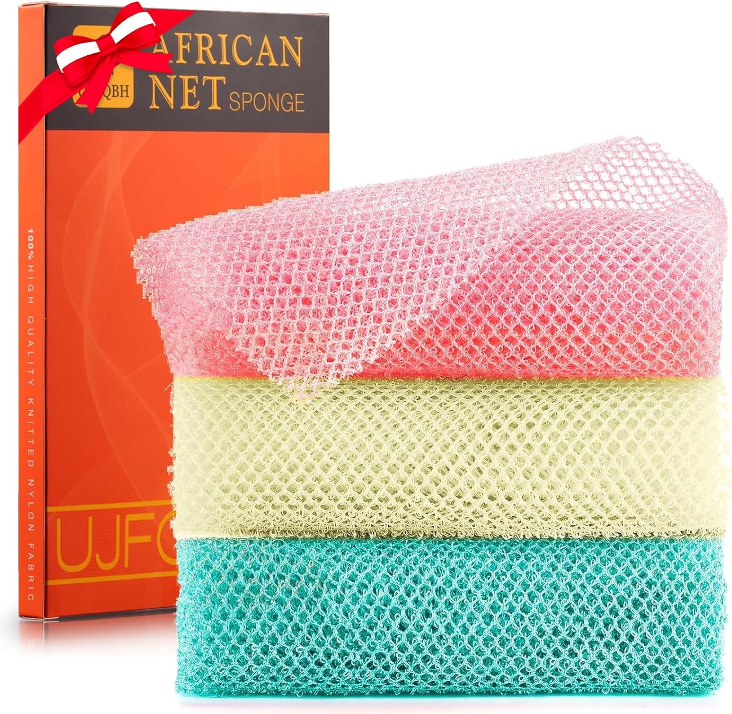 UJFQBH African Net Exfoliating Bath Sponge Set – 3 Pieces