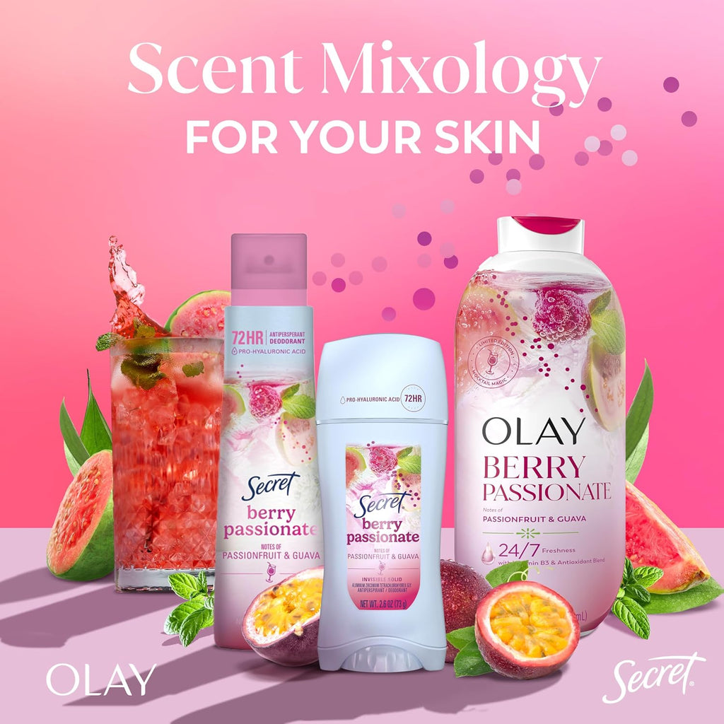Olay and Secret skincare products with a pink background and 'Scent Mixology for Your Skin' text.