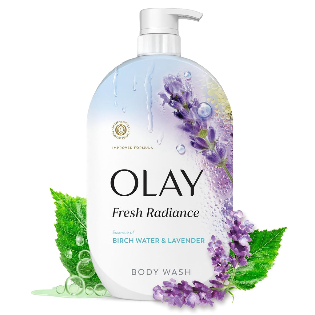 A bottle of Olay Fresh Radiance body wash with a white pump dispenser, decorated with illustrations of purple lavender flowers, green leaves, and water droplets on a white background.