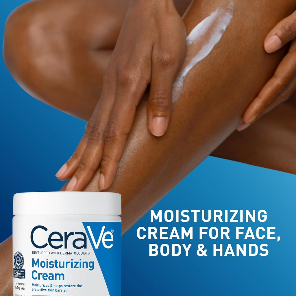 CeraVe moisturizing cream with a person applying it to their arm against a blue background