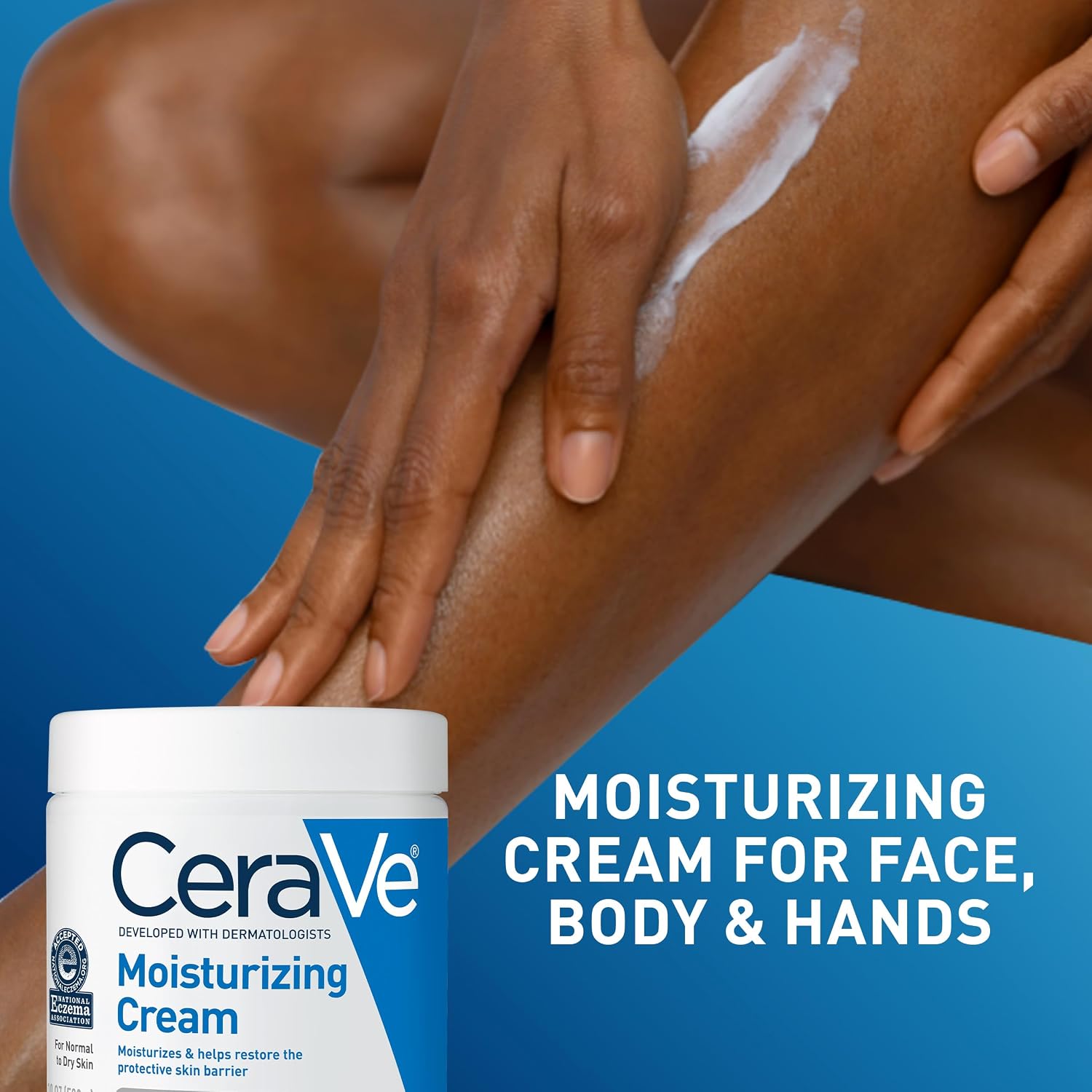 CeraVe moisturizing cream with a person applying it to their arm against a blue background