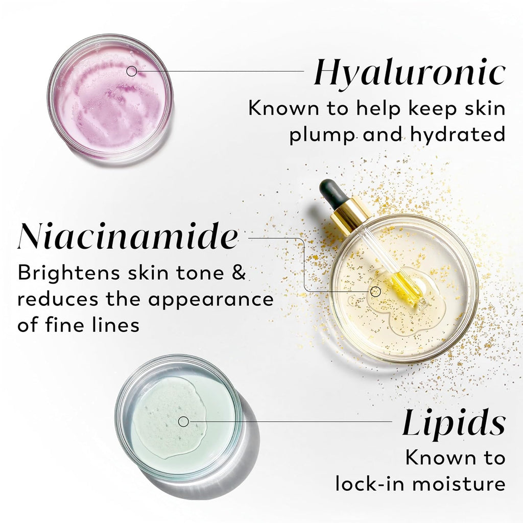 Cosmetic products with text explaining hyaluronic acid, niacinamide, and lipids for skincare benefits.