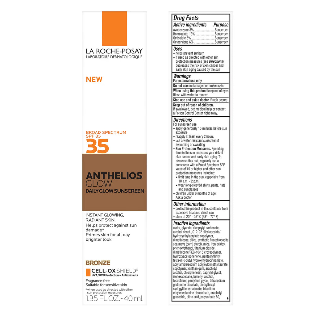 La Roche-Posay Anthelios Glow Broad Spectrum 35 Daily Sunscreen in Bronze shade, showing the front and back packaging panels with drug facts and directions.