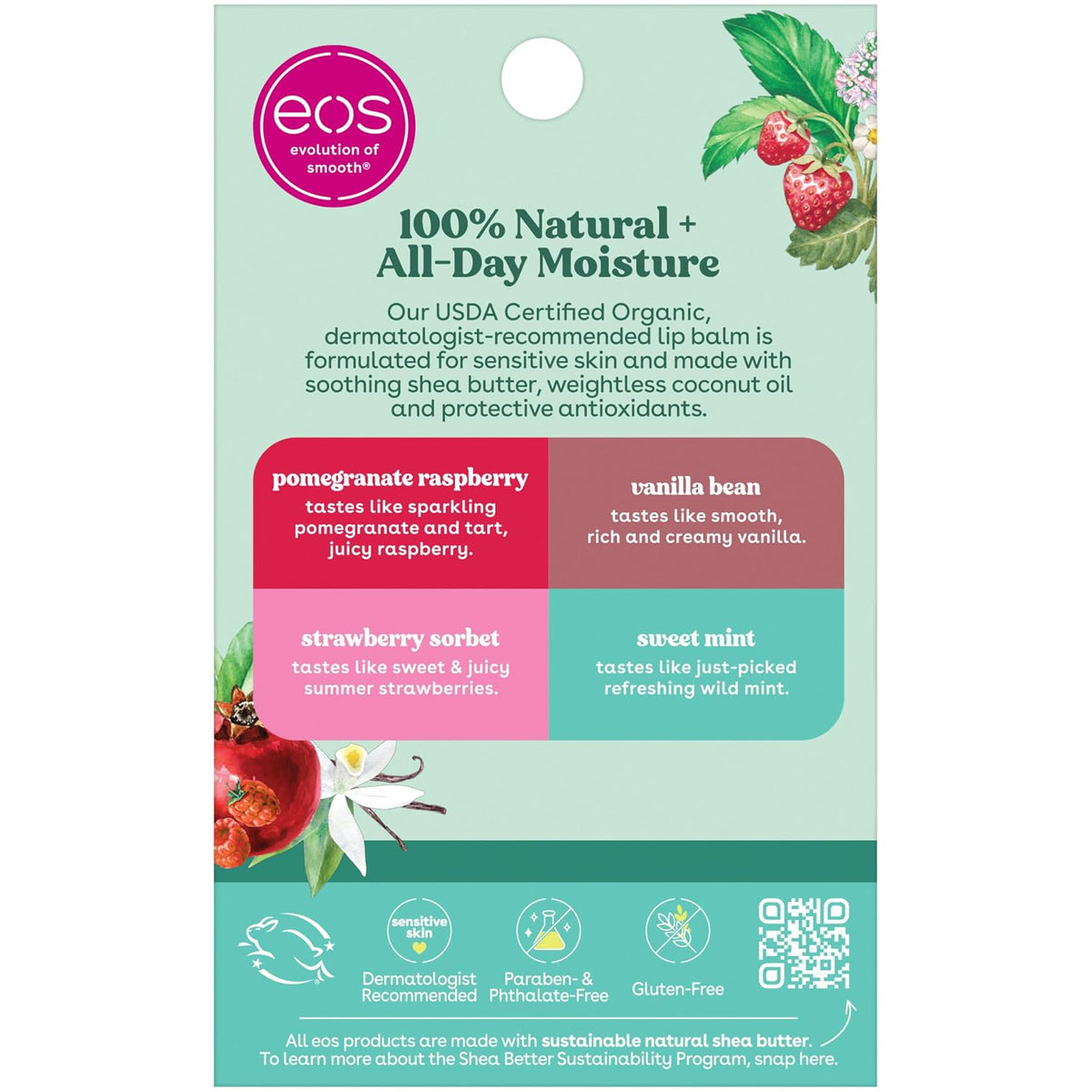 A vertical product information card for EOS lip balm, showing the brand logo, product benefits, and four flavor options: pomegranate raspberry, vanilla bean, strawberry sorbet, and sweet mint. The card has a mint green background with illustrations of strawberries and botanical elements.