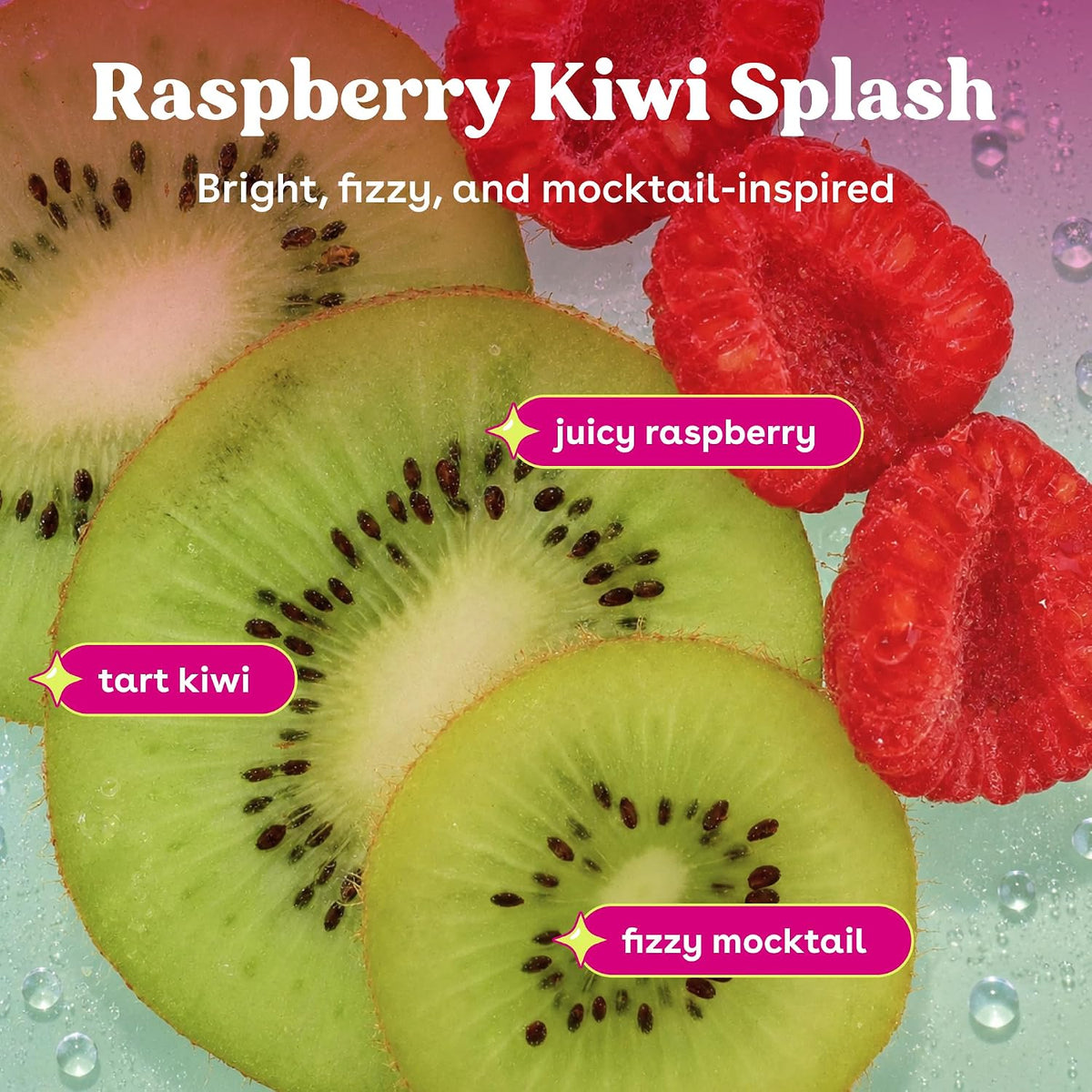 Raspberry Kiwi Splash flavor graphic featuring sliced kiwi and whole raspberries with text labels reading 'juicy raspberry,' 'tart kiwi,' and 'fizzy mocktail' on a colorful gradient background.