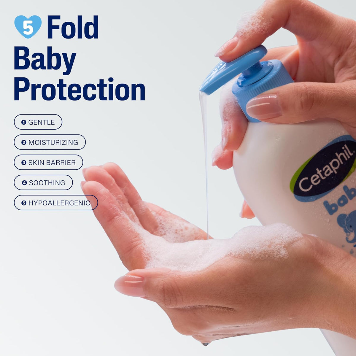 Cetaphil baby lotion being applied to hands with text about 5-fold baby protection.