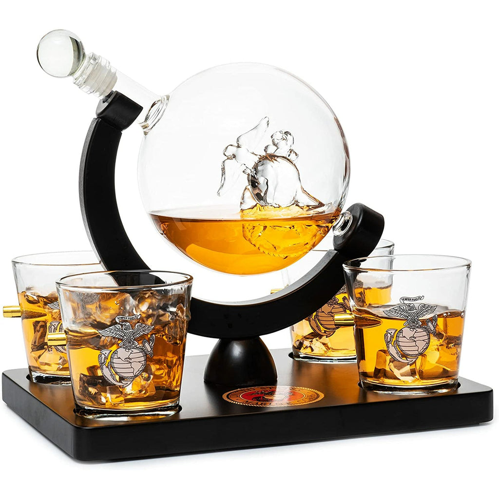 Marine Decanter Set With Four 3 oz Shot Glasses 1000ml Marines Gift Decanter by The Wine Savant - Marine Gifts, Army Gifts, Veteran Gifts