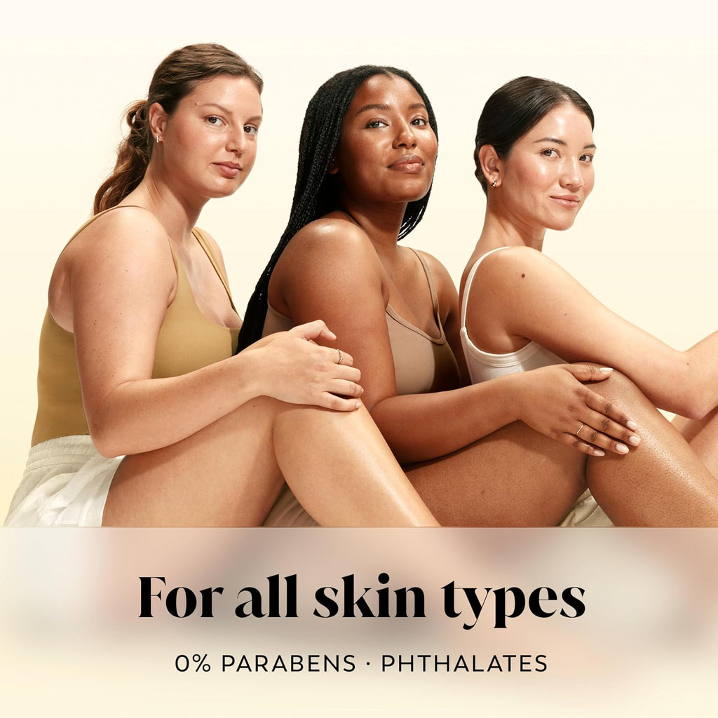 Three women sitting together with a product advertisement text overlay on a beige background