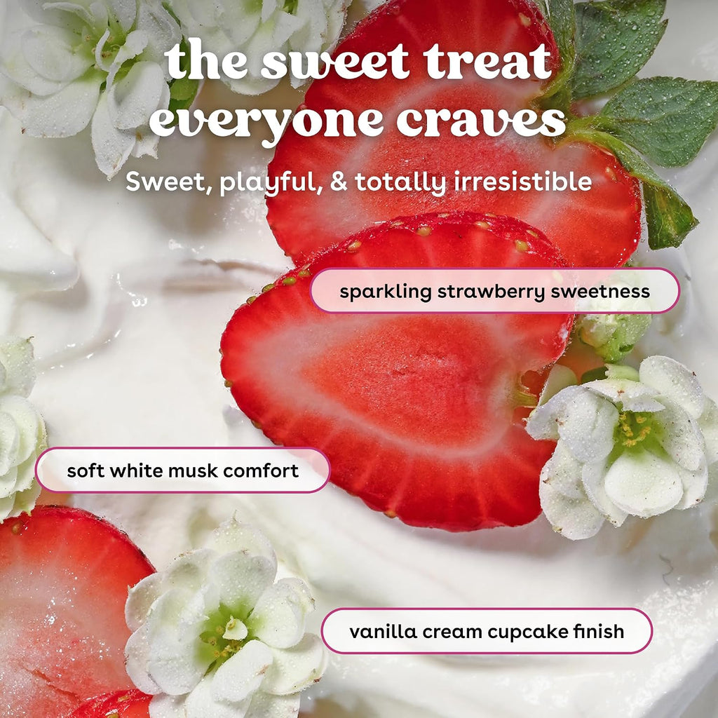 Strawberries and white flowers with text describing a sweet treat.