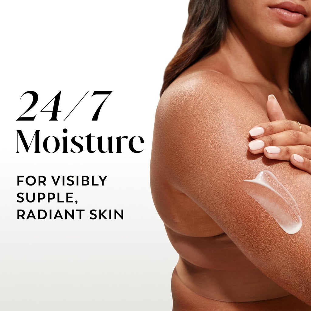 Woman applying a clear cream to her arm with text about 24/7 moisture for radiant skin.