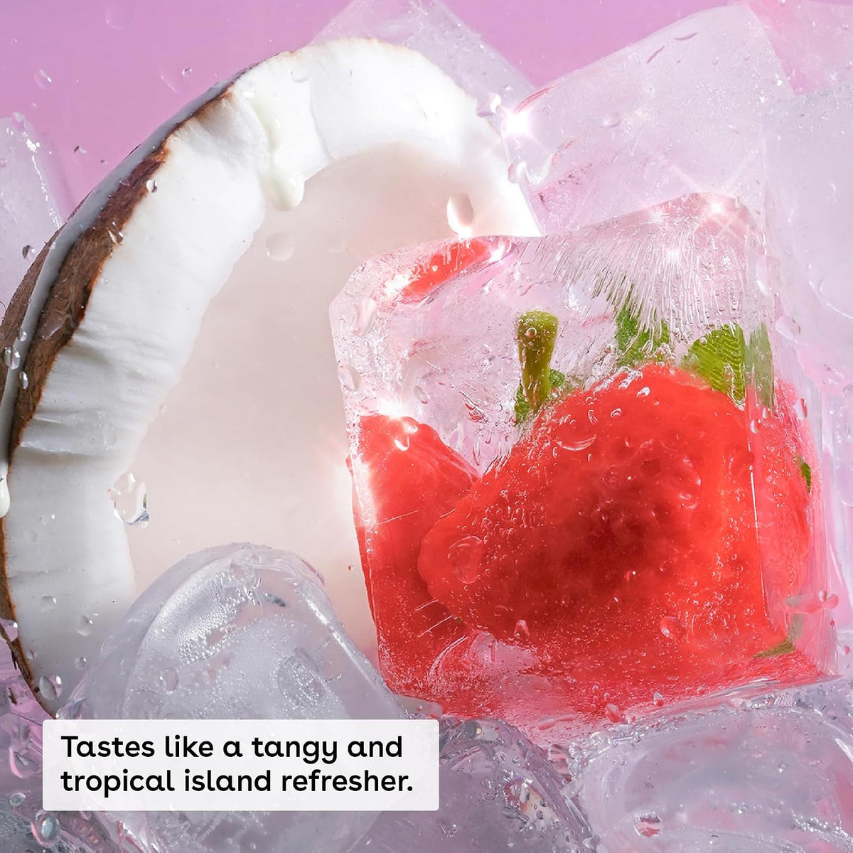 Coconut with ice cubes and a strawberry on a pink background, labeled 'Tastes like a tangy and tropical island refresher.'