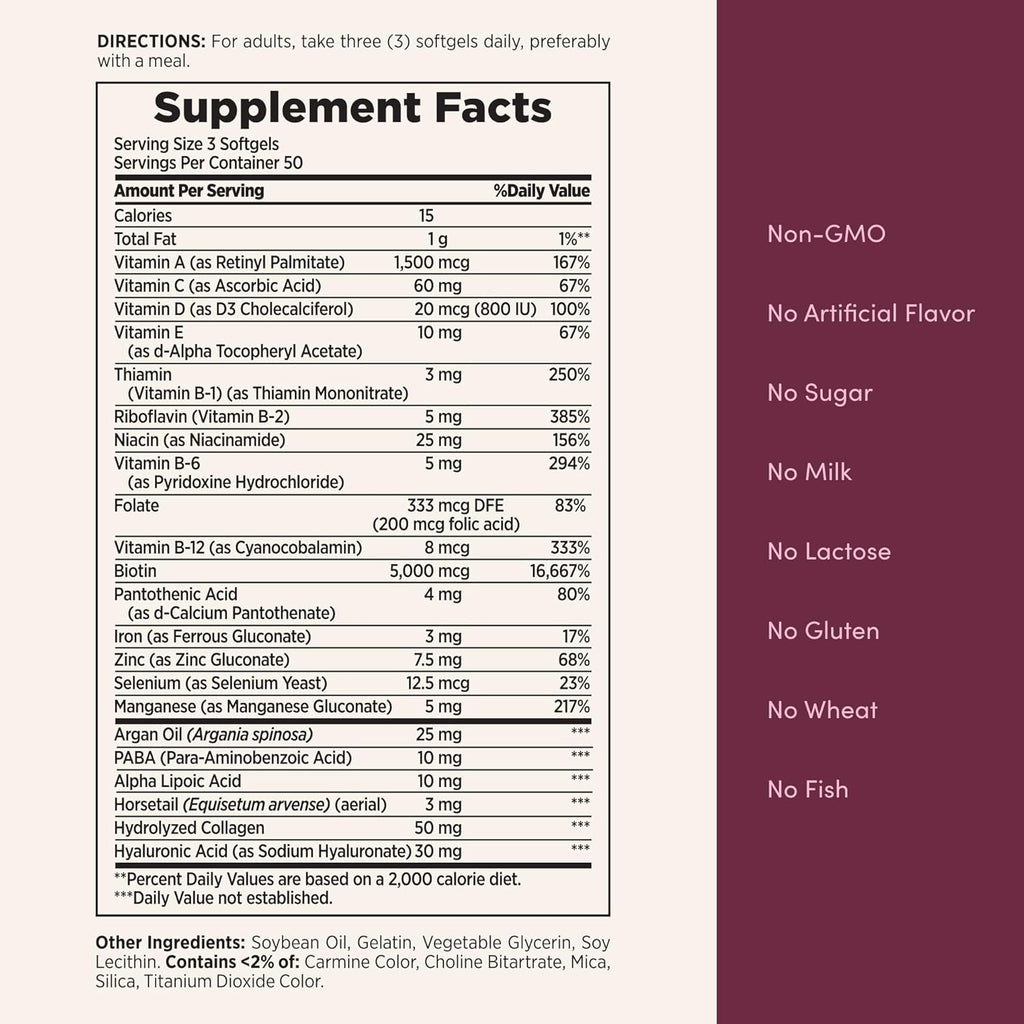 Nature's Bounty Advanced Hair, Skin & Nails, Argan-Infused Vitamin Supplement with Biotin and Hyaluronic Acid, 150 Rapid Release Softgels, 50 Total Servings