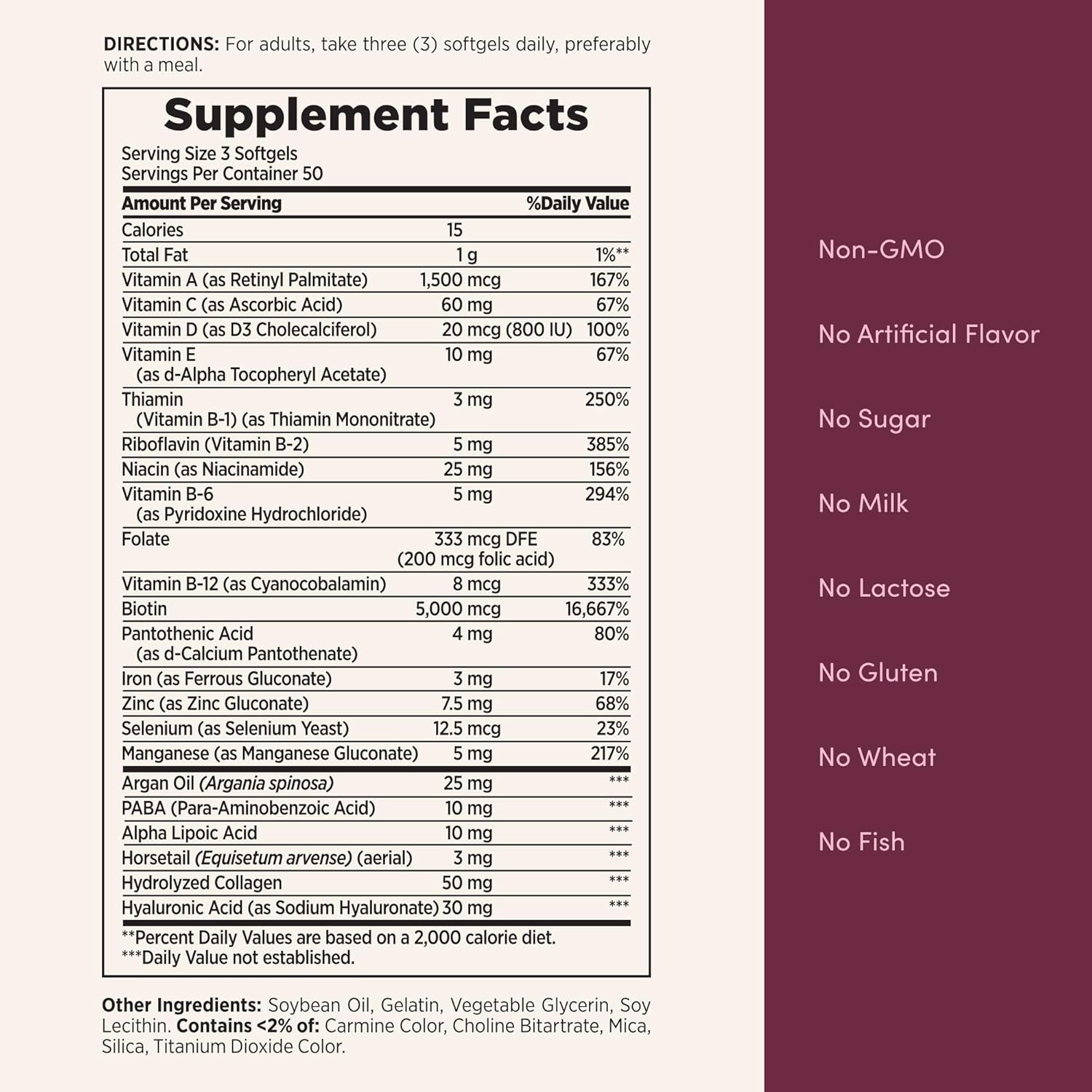 Nature's Bounty Advanced Hair, Skin & Nails, Argan-Infused Vitamin Supplement with Biotin and Hyaluronic Acid, 150 Rapid Release Softgels, 50 Total Servings