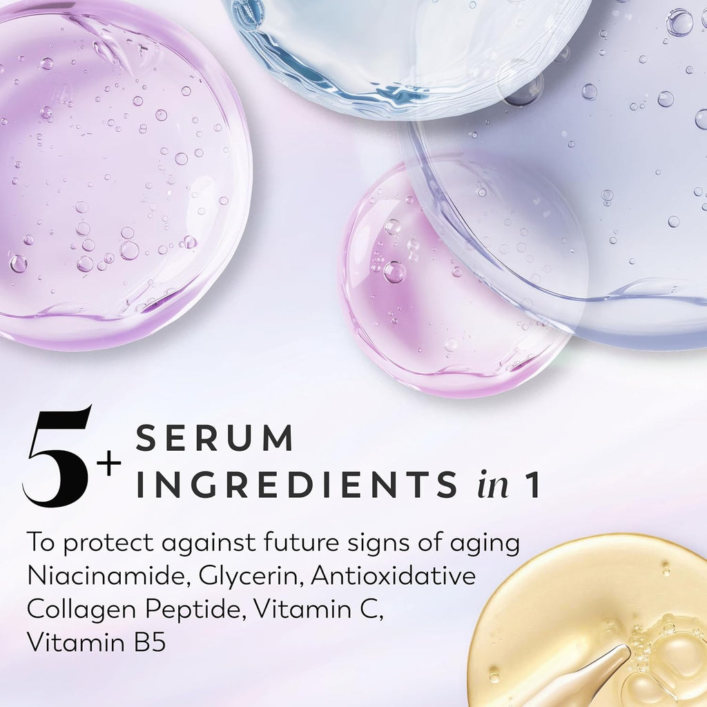 Promotional skincare graphic with large translucent droplets in lavender, blue, and gold on a pale background, plus text reading '5+ SERUM INGREDIENTS in 1' and a list of ingredients including niacinamide, glycerin, antioxidants, collagen peptide, vitamin C, and vitamin B5.