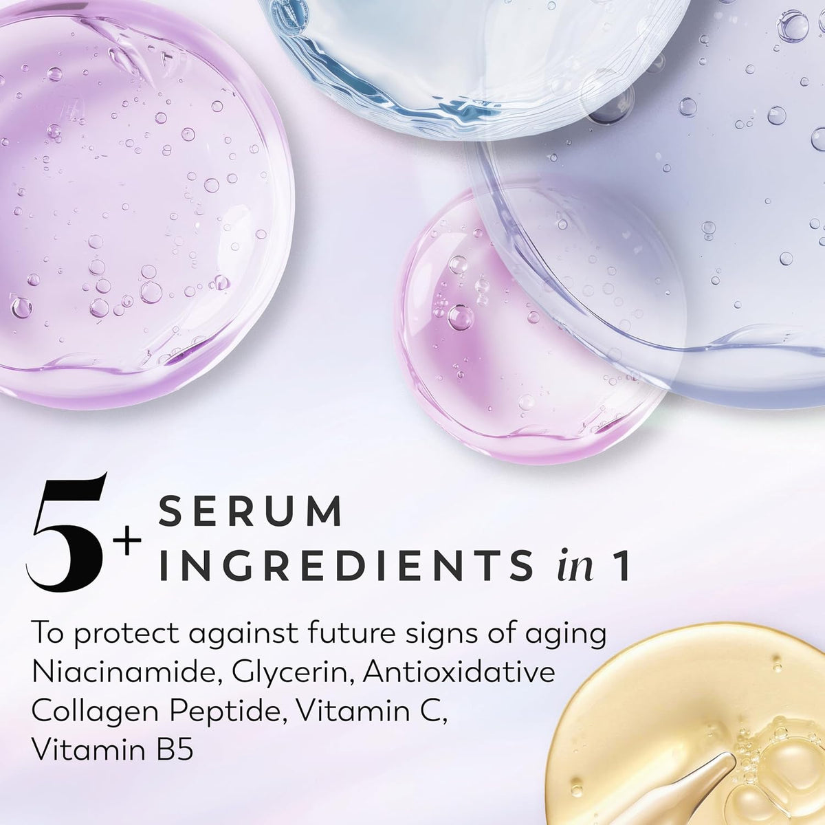Promotional skincare graphic with large translucent droplets in lavender, blue, and gold on a pale background, plus text reading '5+ SERUM INGREDIENTS in 1' and a list of ingredients including niacinamide, glycerin, antioxidants, collagen peptide, vitamin C, and vitamin B5.