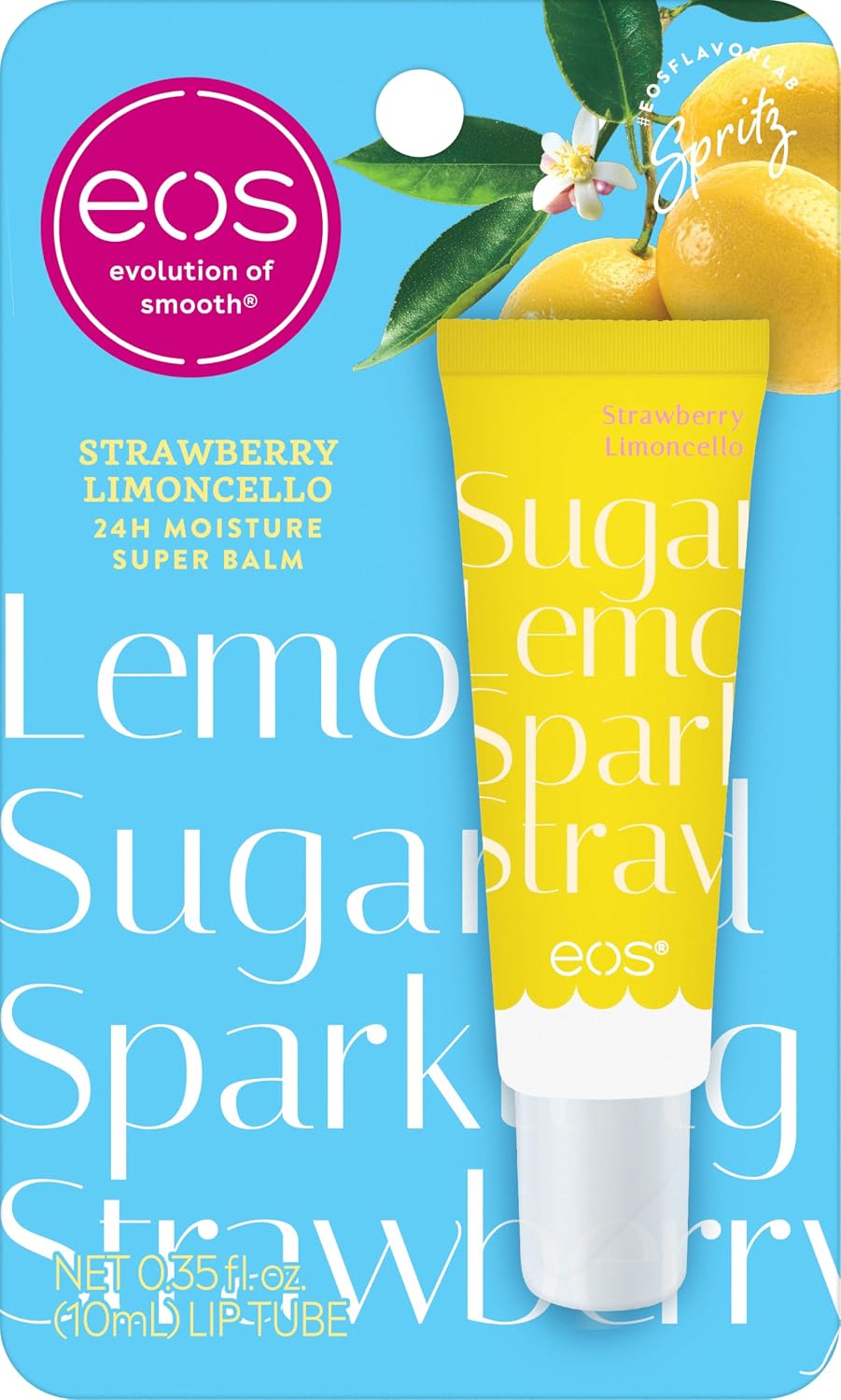 EOS Strawberry Limoncello lip balm packaging on a blue background with lemon graphics.