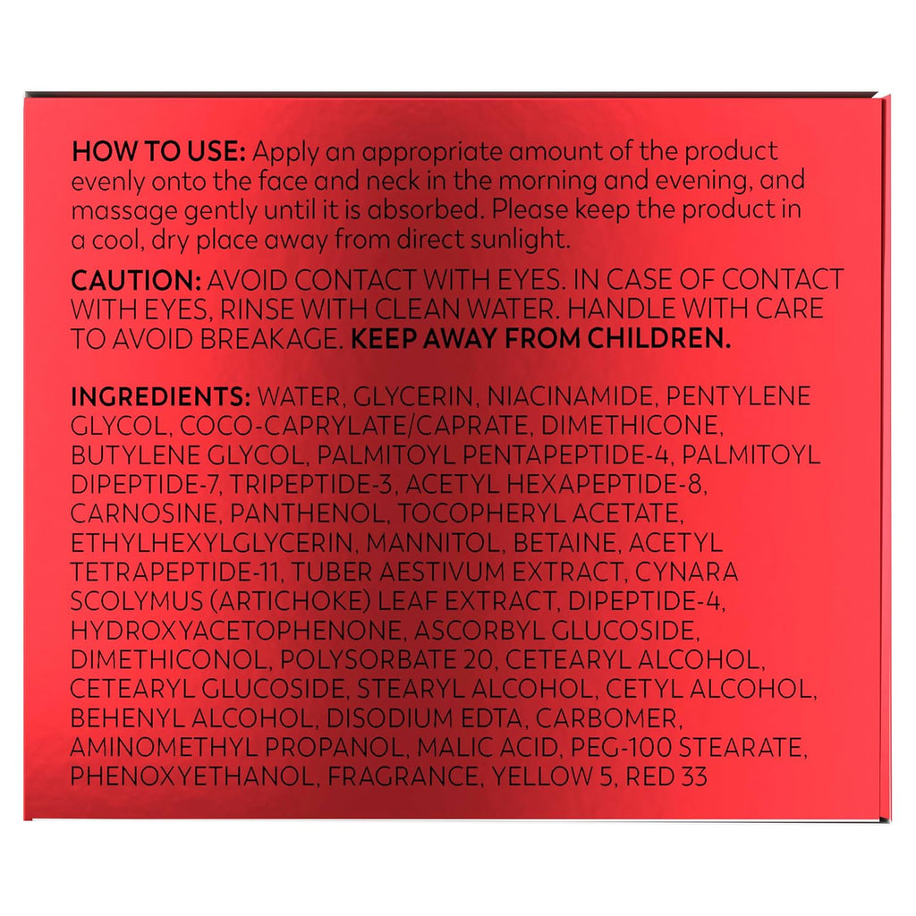 A red rectangular box with black text showing product instructions, warnings, and ingredients, photographed against a white background.