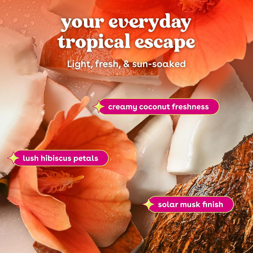 A tropical-themed beauty promotional graphic with large orange hibiscus flowers, white coconut pieces, and a brown textured hairpiece. White text reads 'your everyday tropical escape' and 'Light, fresh, & sun-soaked,' with pink callout labels pointing to 'creamy coconut freshness,' 'lush hibiscus petals,' and 'solar musk finish.