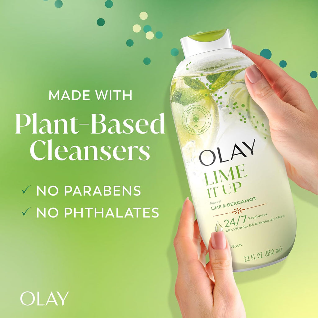 OLAY Lime It Up cleanser bottle held by a hand against a green background with product benefits text.