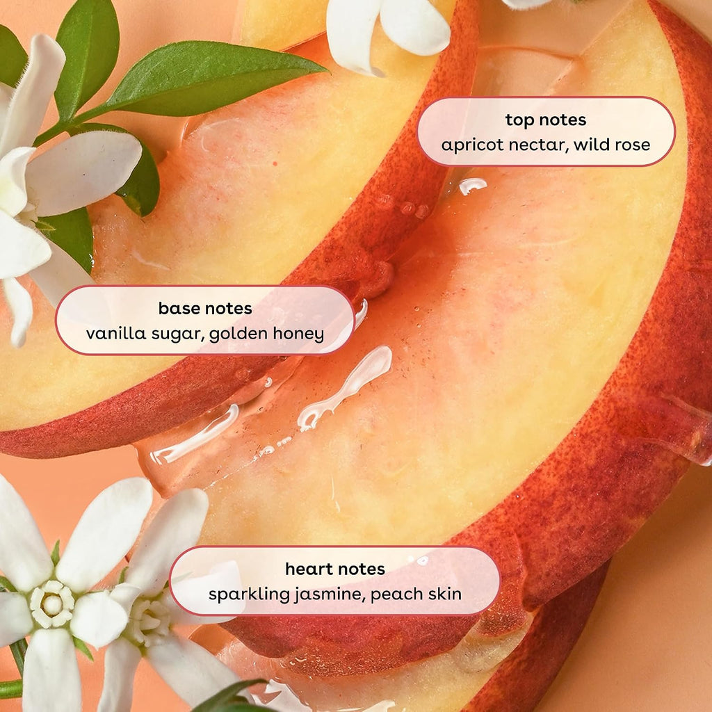 Close-up of sliced peaches with floral elements and fragrance notes text on a peach background