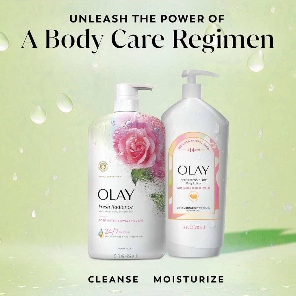 Two Olay body care products on a light green background with text about a body care regimen.