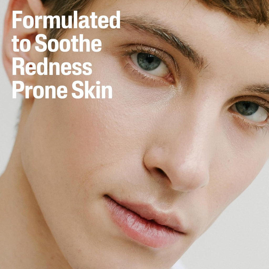 Close-up of a person's face with text 'Formulated to Soothe Redness Prone Skin' on a light background