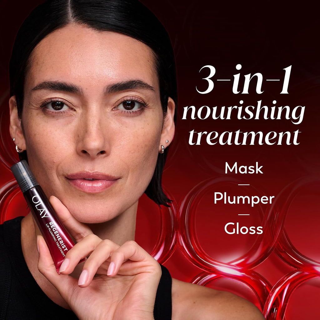 Woman holding a Olay product with text about a 3-in-1 nourishing treatment on a red background