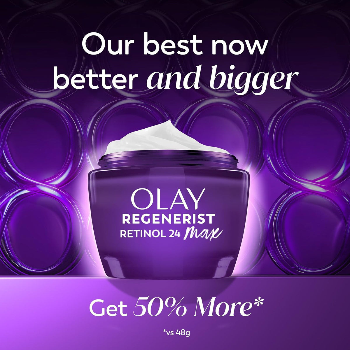 Olay Regenerist Retinol 24 Max cream jar with promotional text on a purple background