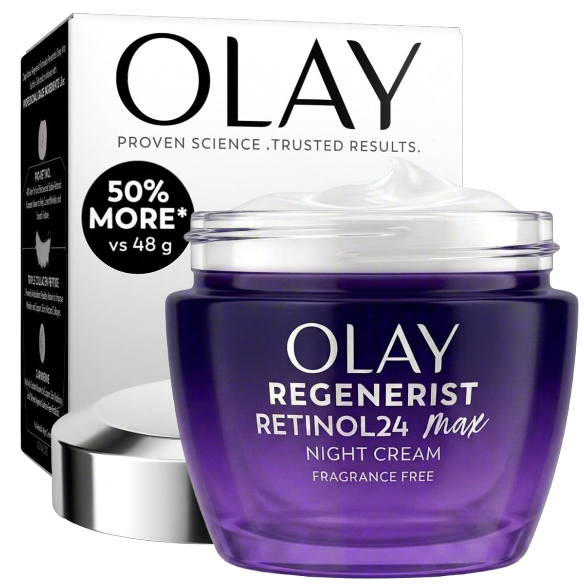 Olay Regenerist Retinol24 Max Night Cream in a purple jar with a silver lid, shown in front of its white and black retail box on a white background.