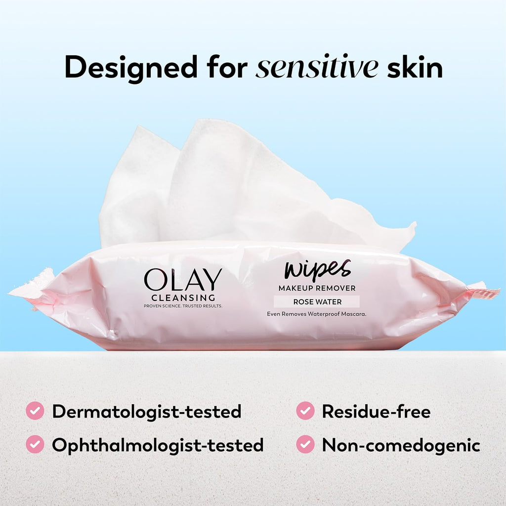 Olay | Facial Cleansing Wipes Rose Water Vitamin E Glycerin Makeup Remover — 75 Count (Pack of 3)